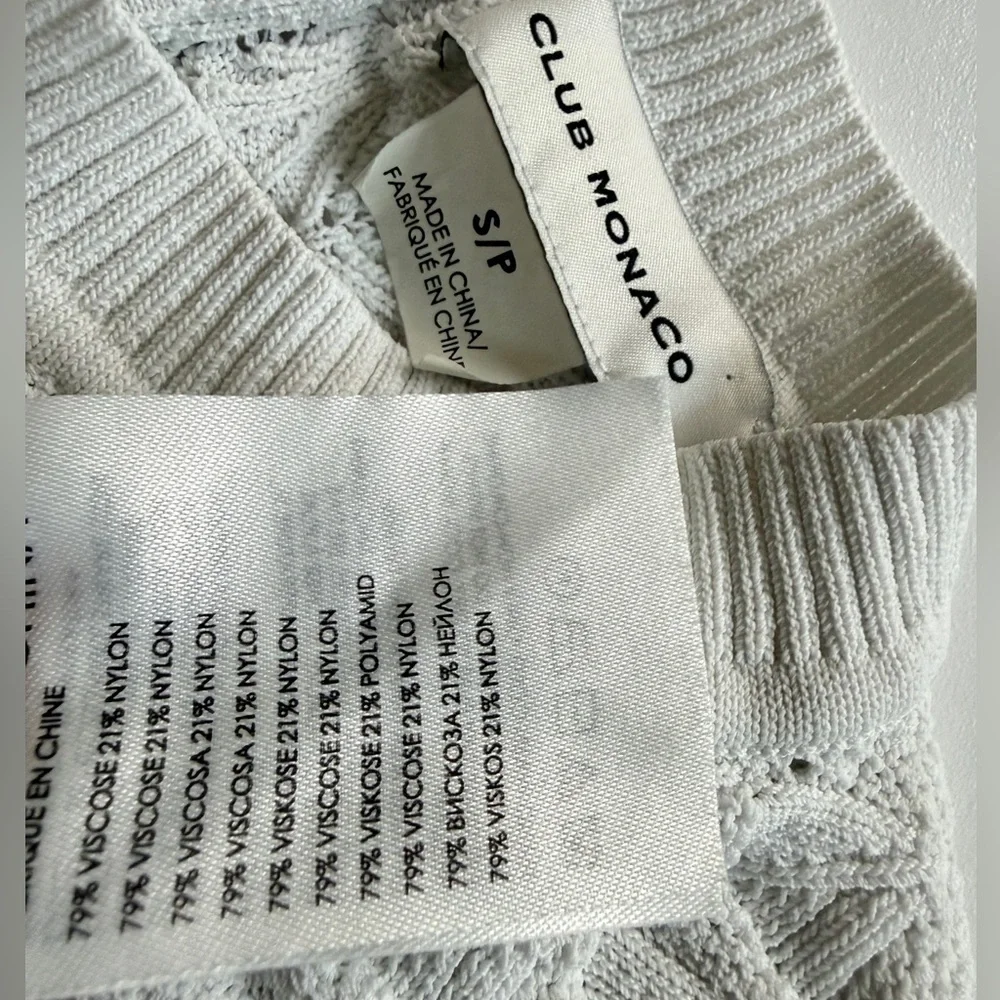 Club Monaco Sweater Pointelle Knit Sz S Ivory Ribbed Collar/Hem Quiet Luxurycore